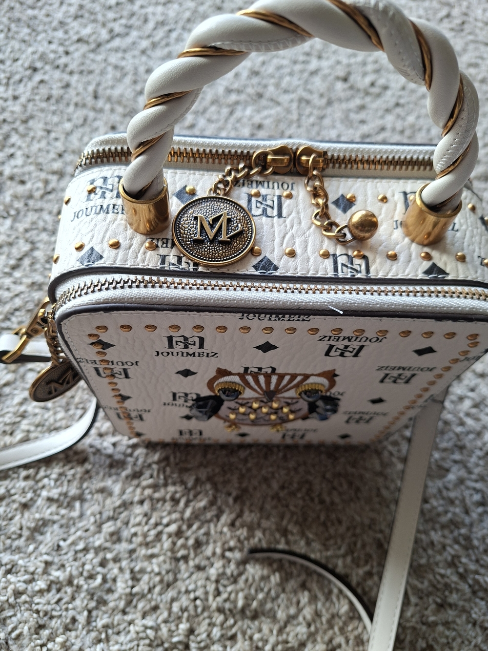 Jouimeiz Compact White Box Bag with Gold Rivets and Braided Carry Handle